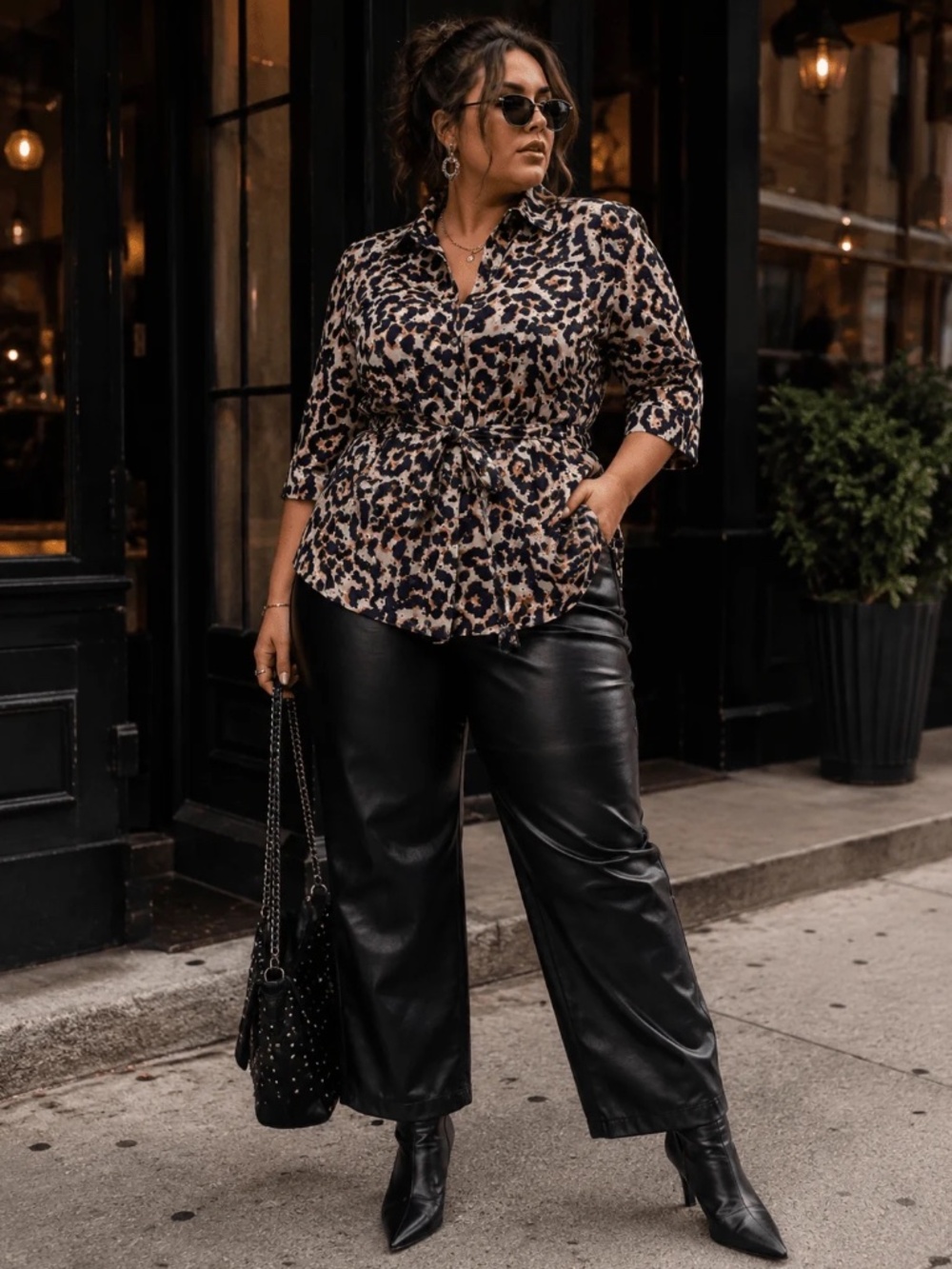 "La Diosa" Plus Size 3/4 Sleeve Button Up Self Tie Animal Print Eyelet Blouse